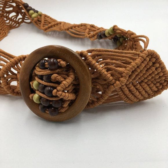 Wide Macrame Woven Belt, Brown Green Wood Buckle & Beads, BOHO 70’s Style - Picture 3 of 4